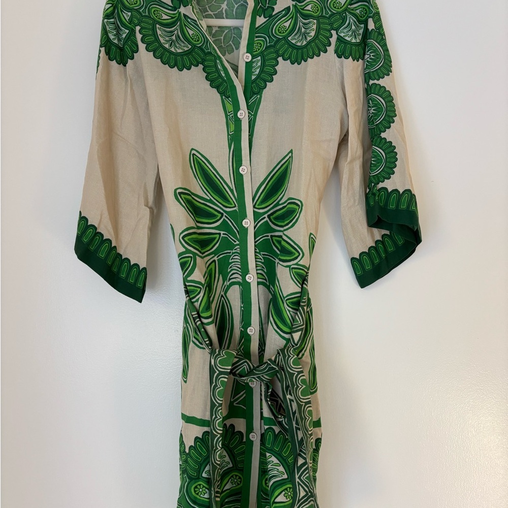Farm Rio Green Tropical Print Button-Front Cover-Up Dress